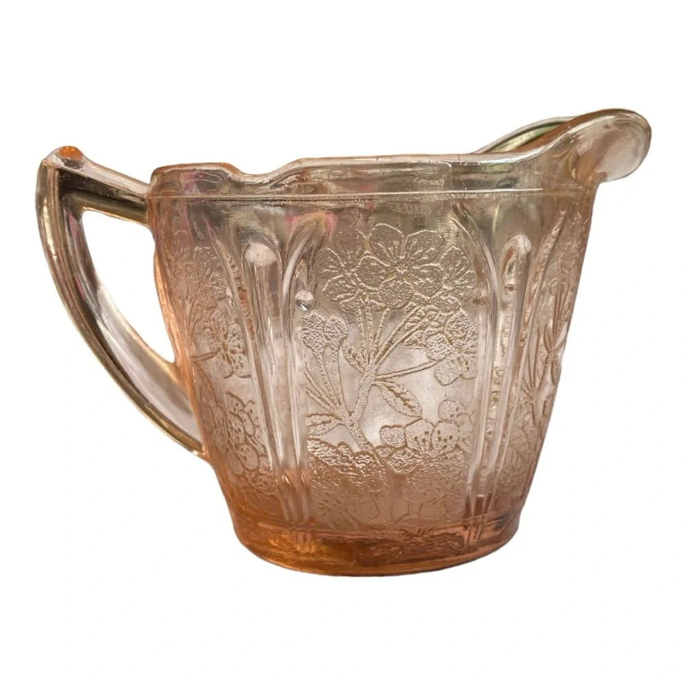 Vintage Pink Depression Glass Cherry Blossom Creamer & Sugar Set Jeannette 1930s